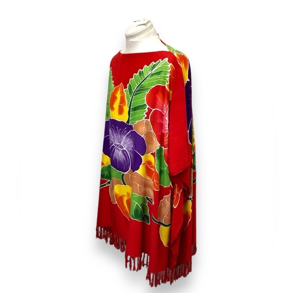 Club West Women’s Floral Boxy Kimono Poncho Beach Dress Coverup, Red, OS - Picture 4 of 11